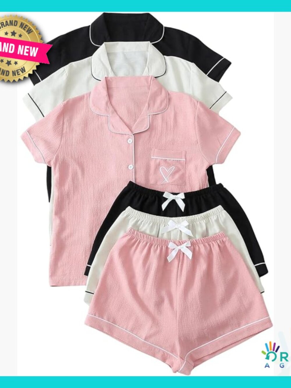 Embroidered Button Down Pajama Set Short Sleeve Shirt Bow Shorts Loungewear